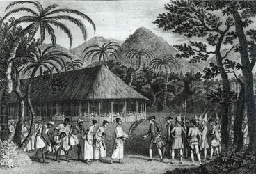 Kapitän Samuel Wallis wird von Königin Oberea auf der Insel Tahiti empfangen, aus 